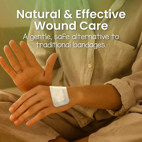 Person applying Eco First Aid Kit With Hypoallergenic Bamboo Bandages For Sensitive Skin on arm, highlighting natural wound care.