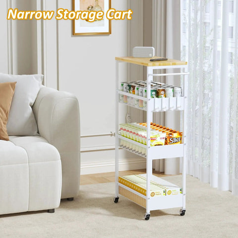 Slim Rolling Utility Cart Four Tier Metal Narrow Storage Cart with Wood Top and Handle, ideal for living room organization.