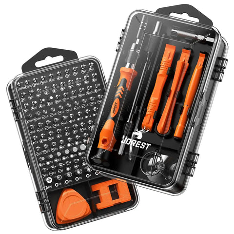117 In 1 Precision Screwdriver Set With Torx Triwing Bits, clear case showing orange tools and various bits for electronics repair