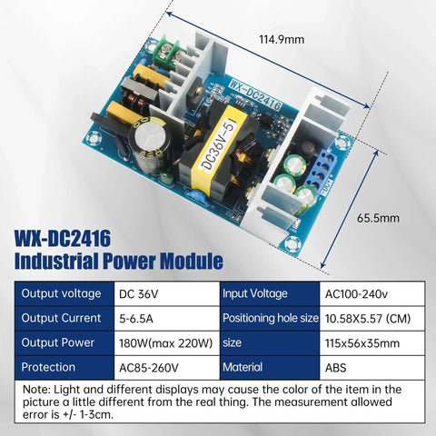 36V DC power module for Lathe Electronic Leadscrew Kit, showing dimensions and specs with AC input and ABS material.