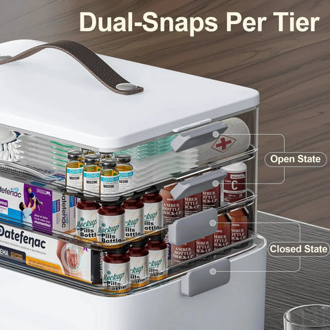 4 Tier XL Medicine Organizer With Leather Handle, showing open and closed states, perfect for home travel and dorm use.