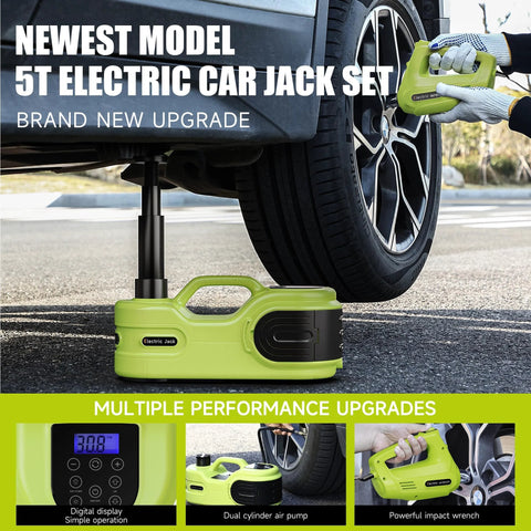 Simtamy 5T electric car jack kit with 12V hydraulic jack, dual-cylinder air pump, LCD display, lime-green