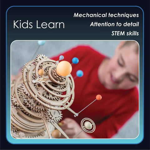 Child assembling DIY Solar System Wood Puzzle Kit for Teens and Adults, showing intricate gears and orbits, STEM learning in action.