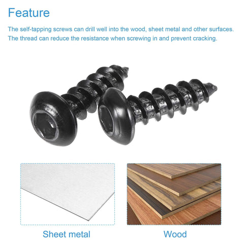 Hex Socket Self Tapping Screws M6 x 20mm Carbon Steel Wood and Metal Fasteners 50 Count Pack For Quick Drilling And A Tough Grip That Holds Like A Boss shown with wood and sheet metal