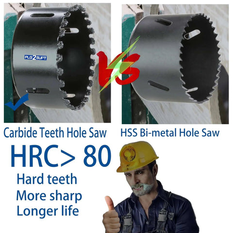 Comparison of carbide teeth hole saw and HSS bi-metal hole saw with 4-1/8 Inch Carbide Grit Hole Saw Cutter For Hardy Plank Air Brick Stucco Drywall Fiber Cement Siding Backer Board Plasterboard Cuts Fast Like Butter And Lasts With An 80 HRC Edge focus keyword
