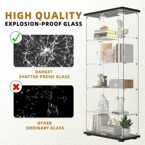 Five Shelf Glass Display Cabinet With Locking Door And Remote LED Lights 4mm Tempered Glass Floor To Ceiling Bookcase Black