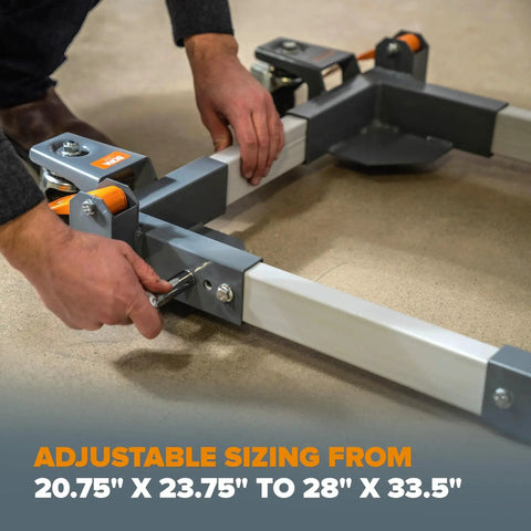 Person adjusting Heavy Duty Mobile Base For Table Saws And Power Tools With Omni Directional Caster Wheels And Universal Tool Stand, 1500 Lb Capacity, Swivel Casters For Easy Movement, PM 3550, Bora Portamate, showing adjustable sizing from 20.75 x 23.75 to 28 x 33.5 inches.