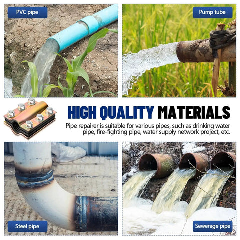 Two Pack Pipe Repair Clamp for 1/2 in Pipe Fittings in use on different pipes with four inch length steel leak sealer and rubber liner bolts