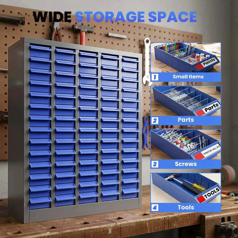 Heavy Duty 75 Drawer Small Parts Organizer For Nuts, Bolts And Tiny Hardware, Rugged Metal Storage Cabinet With 75 Drawers For Garage, Workshop, And Home Use displayed in a garage