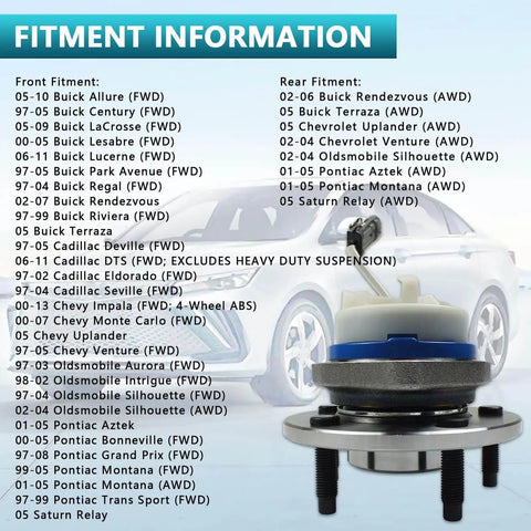 Fitment information for Wheel Bearing Hub Assembly 513121 Front And Rear Set For Chevrolet Impala and other GM cars with image of hub.