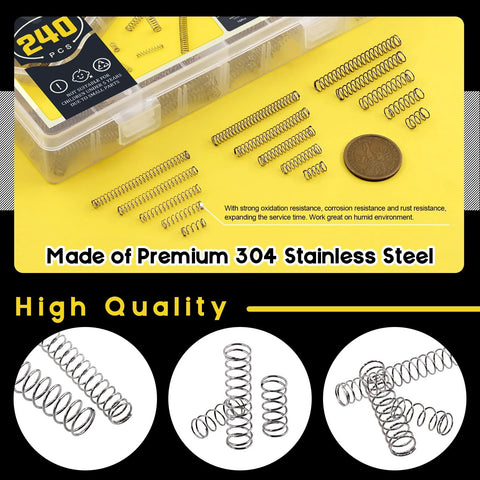 Mardatt 240pc stainless steel compression springs kit with case; 15 sizes, OD 4–6 mm, 10–50 mm length, wire 0.3–0.5 mm