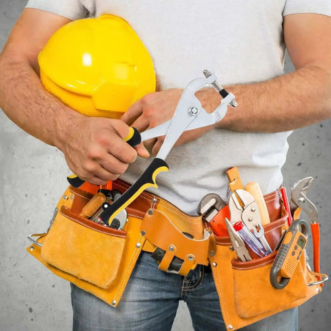 Person holding Leather Hole Punch Pliers Handheld Punch Tool for Crafting and Leathercraft with tool belt and yellow helmet