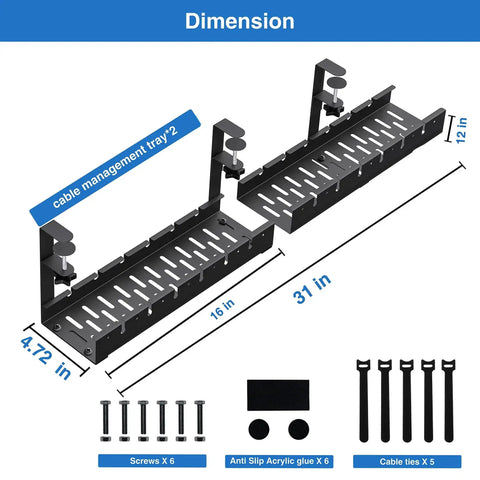 Extendable Under Desk Cable Management Tray With Clamp No Drill Metal Cable Organizer dimensions and accessories