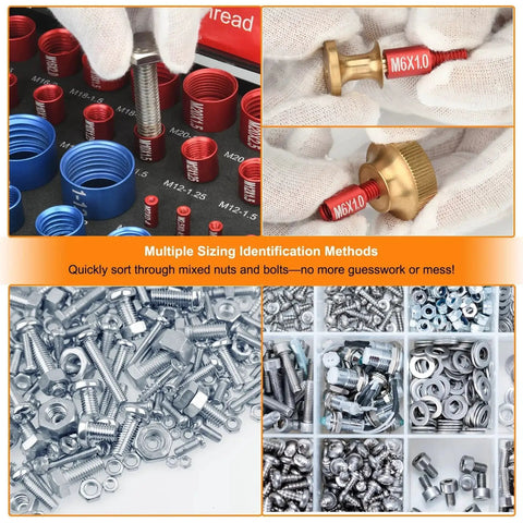 55 Pieces Nut And Bolt Thread Checker Kit With 25 Metric And 30 Standard Gauges in use, sorting nuts and bolts with foam insert.