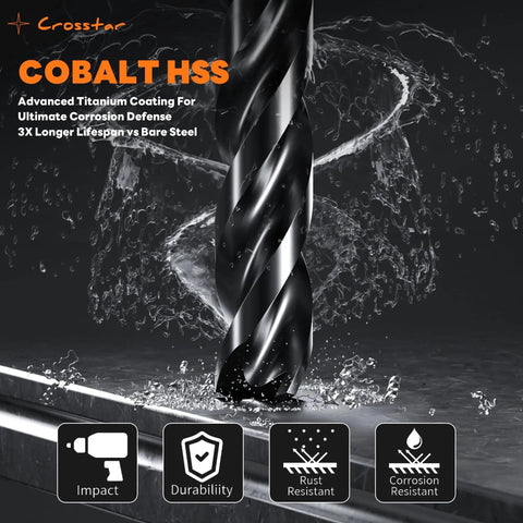 Close-up of Ultra Tough M35 Cobalt Drill Bits Set For Hardened Metals And Stainless Steel, 21-Piece TiAlN Coated Three-Flute Bits.