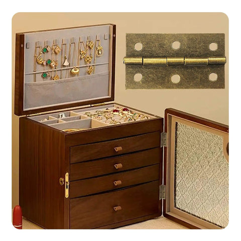Antique Bronze Mini Folding Butt Hinges 12 Pack For Wood Doors And Small Boxes 60x34mm Pre Drilled With Screws 2.36x1.33 Inch Hardware Kit For Cabinets Crafts And DIY Projects shown next to a jewelry box.