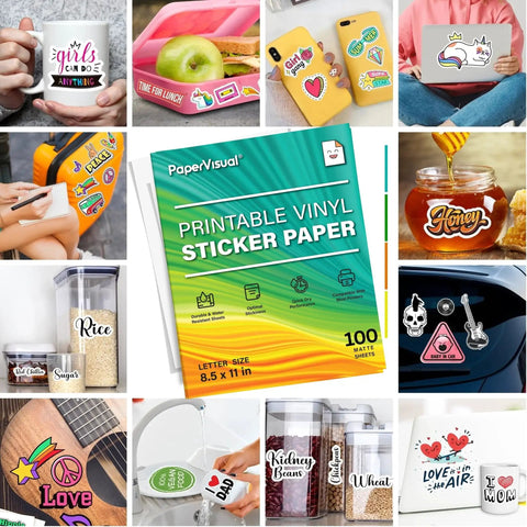 Printable Vinyl Sticker Paper For Inkjet And Laser Printers Waterproof Matte 8.5 By 11 Sheets Fast Dry Strong Adhesion Holds Ink Well Great For Cutting Machines Labels And DIY Sticker Projects displayed with printed stickers.