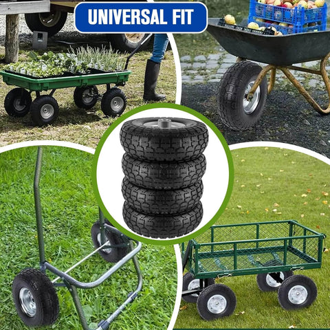 Flat Free Ten Inch Rugged Solid Rubber Wheel Set With Five Eighth Axle Bore And Two Point Two Inch Hub Offset Four Pack Of 4.10 3.50 4 Inch Wheels For Hand Trucks Wheelbarrows Garden Carts Dollies And Utility Carts Each Load Rated At 220 Lbs stack with garden carts.