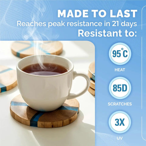 Crystal Clear Epoxy Resin Kit With Pumps For Food Safe Coasters And Jewelry featuring coasters under a steaming coffee cup.