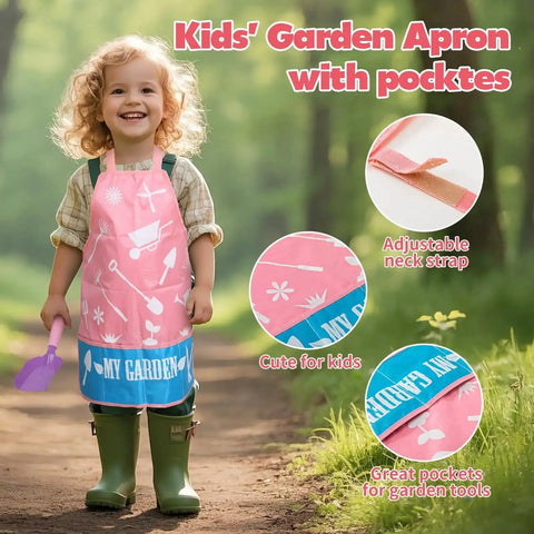 Pink Kids Gardening Tools Set With Rake Shovel Trowel Watering Can Gloves Apron Tote Bag Plant Pots And DIY Bookmark Kits For Toddlers, child in garden apron with pockets standing outdoors