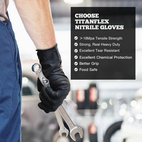 Person wearing Heavy Duty Nitrile Exam Gloves 6 Mil Black XL, holding wrenches, with product benefits listed in background.