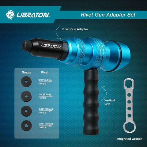 Drill To Rivet Gun Adapter For Electric Drill Turn Your Drill Into A Pop Riveter With A Grip And Vertical Handle No Pneumatic Tool Needed DIY Friendly Fits Three Thirty Second One Eighth Five Thirty Second And Three Sixteenth Inch Rivets, blue adapter with four nozzles and wrench