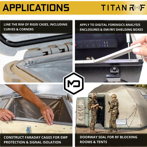 TitanRF Faraday foam gasket, 90 in long, adhesive-backed conductive fabric-covered foam strip for RF enclosure sealing.