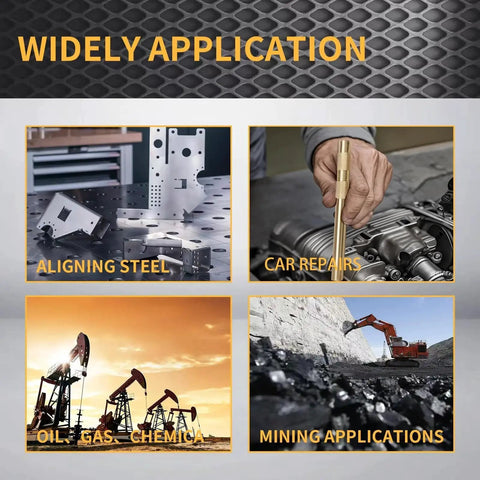 Image showing uses for Five Piece Brass Punch Set For Non Marring Removal And Repair with applications in steel aligning, car repairs, oil, and mining.