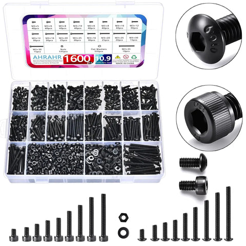 Complete M3 Hex Socket Screws Kit 12.9 Grade Alloy Steel Button Head and Cap Head Bolts with Nuts and Washers 1600 Pieces