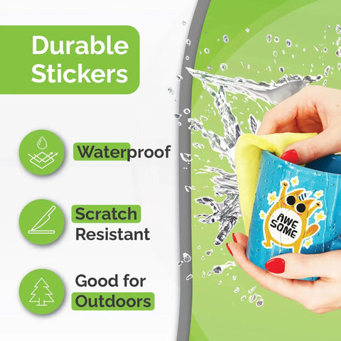Premium Printable Vinyl Sticker Paper For Inkjet And Laser Printers With 56 Self Adhesive Matte White Sheets Waterproof Quick Dry Vivid Colors That Hold Ink Well Tear Resistant For Indoor Outdoor Use AgoDeo, showing water resistance and scratch resistance.