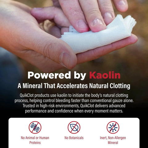 Hands holding Fast Bleed Clotting Gauze Kaolin Hemostatic Dressing For First Aid Kits And Survival Gear That Stops Bleeding 5x Faster Than Standard Gauze Adventure Medical Kits QuikClot