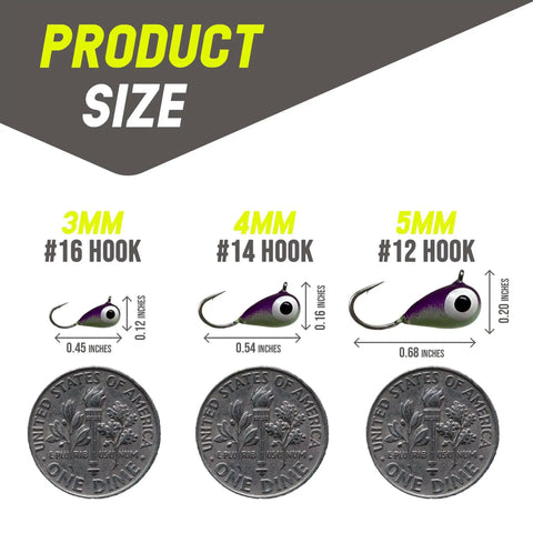 Size chart showing 3mm, 4mm, and 5mm jigs with hooks, compared to a dime.