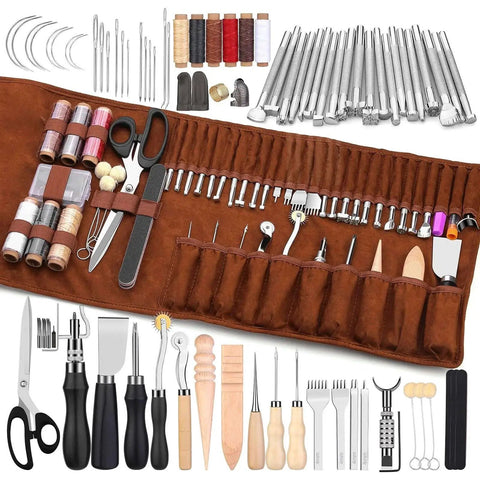 All In One Leather Craft Tools Set For Carving Stamping Sewing Punching And Cutting With A Custom Storage Bag 72 Piece Professional Leather Working Kit For Crafting Repair And DIY Projects TLKKUE displayed with tools in a brown leather storage bag
