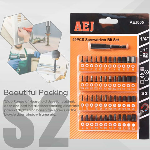 49 Pack Screwdriver Bit Set With One Quarter Inch Bit Holder And One Quarter Inch Hex Shank S2 Steel Includes Hex Torx Square Slotted Phillips Bits One Inch Long For Industrial Use And Home Projects in package with bits shown.