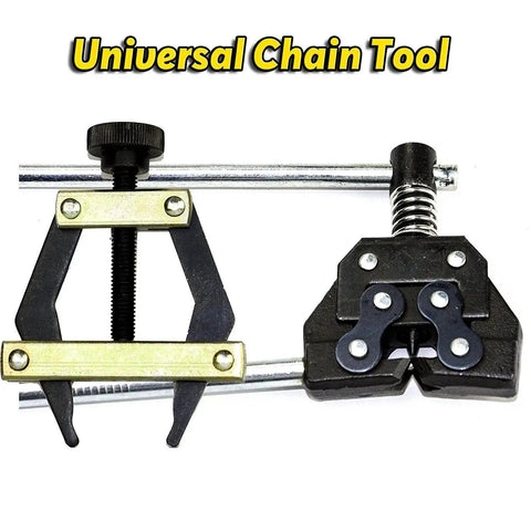 Universal chain tool showing a breaker cutter and puller for chain sizes 25 35 41 40 50 60 including 415H 428H 520 530.