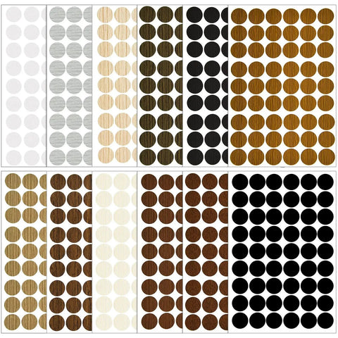Wood Grain Adhesive Screw Hole Cover Sticker Set, 648 Pieces, 12 Colors, Waterproof PVC Caps displayed on white background