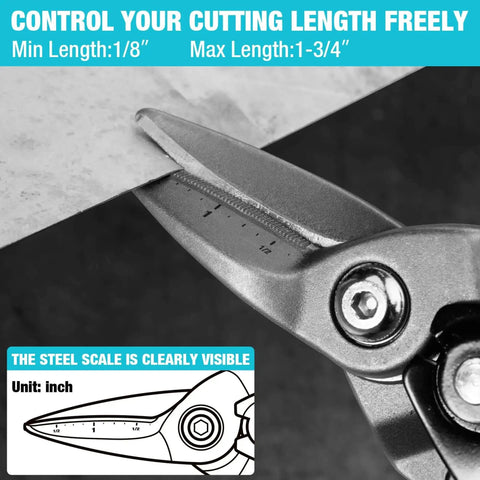 Close-up of cutting edge of 3 Piece Aviation Snips Set With 10 Inch Left Cut Straight Cut And Right Cut Tin Snips