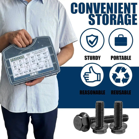 Person holding Must Have 400 Piece Metric Flange Bolt Kit With Nuts And Washers 10.9 Grade Black Zinc Bolts M6x1.0 M8x1.25 M10x1.5 From 12mm To 45mm For Automotive beside product features icons.