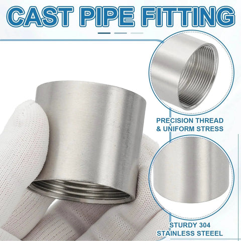 Close-up of 304 Stainless Steel 2 By 2 Inch Female BSPT Thread Straight Pipe Coupling Connector Adapter in hand.