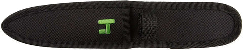 Nylon sheath for stainless steel duct knife with hardened blade and overmolded grip for HVAC work, serrated and straight edges.