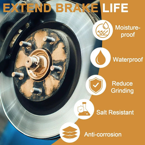 Close-up of brake rotor with copper anti-seize applied, highlighting moisture-proof, waterproof, and anti-corrosion properties.