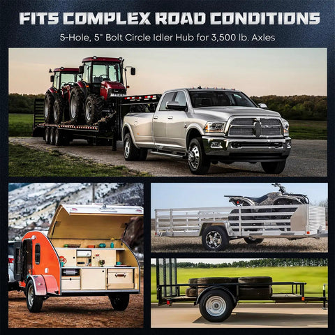 Four trailers and towing gear collage: pickup with tractors, teardrop camper interior, utility trailer, flatbed trailer.