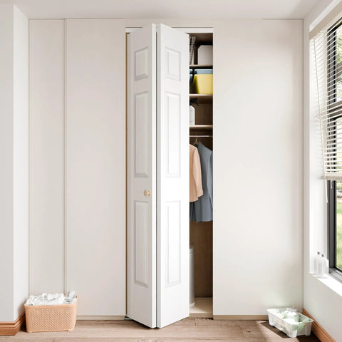 Bifold Closet Door For 30 x 80 Opening, 6 Lite Panel Hollow Core With Hardware Kit, Durable MDF And PVC Covered Construction installed