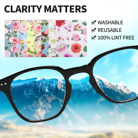 Microfiber Cleaning Cloths 6x7 Inches Multicolor Flower Pattern For Eyeglasses with floral designs, clarity matters text