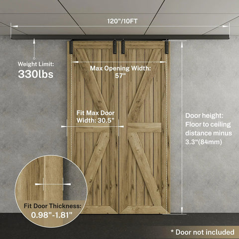Ceiling Mount Box Rail Barn Door Hardware Kit For Double Doors installed, showing dimensions and fit for 57-inch opening