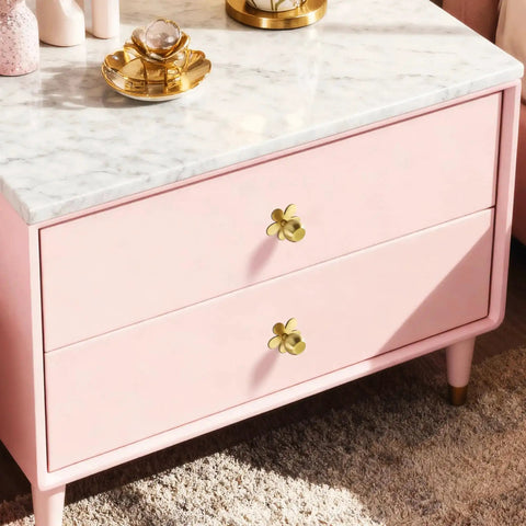 Pink dresser with 4-Pack Solid Brass Gold Cabinet Knobs With Flower Backplate, Modern Dresser Handles For Kitchen Brushed Brass Pulls.
