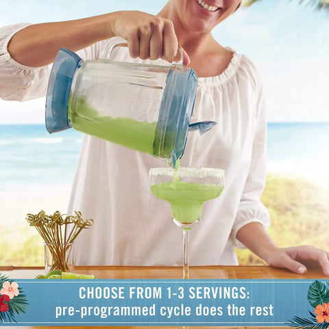 Kitchen device: Margaritaville Key West Frozen Maker with blue lid pouring lime-green margarita into salt-rimmed glass.