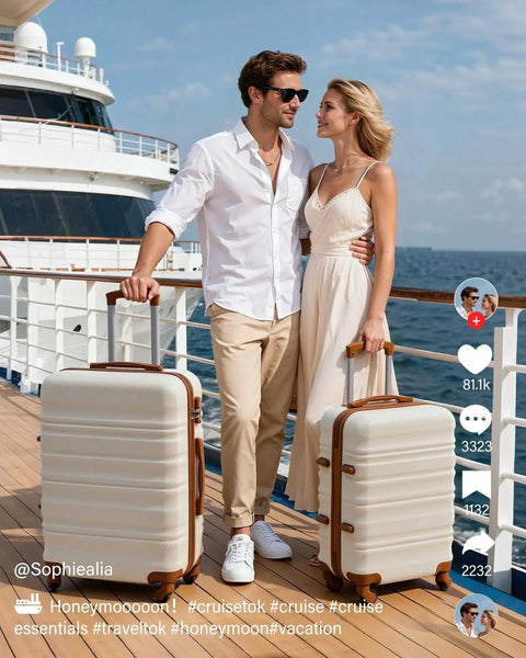 Couple on a cruise ship with Rugged Hardside Luggage Set For Easy Travel Beige Brown 6 Piece Carry On Suitcases