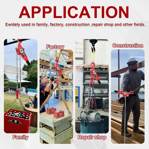 Half Ton Manual Lever Chain Hoist With 360 Degree Rotating Hooks G80 Chain in various settings: family, factory, repair shop, construction.