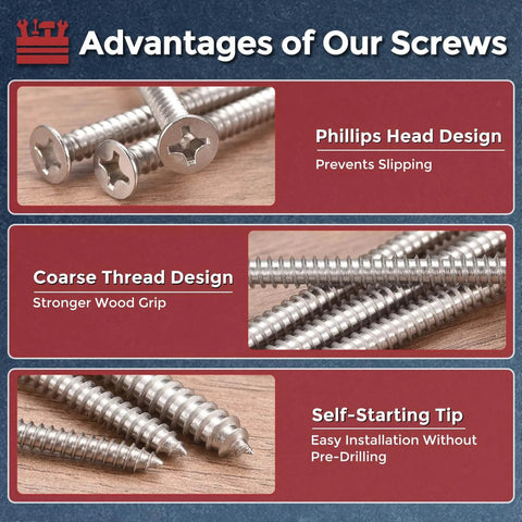 Advantages of 50 Pack Phillips Flat Head Wood Screws 316 Stainless Steel Self Tapping Countersunk, features labeled